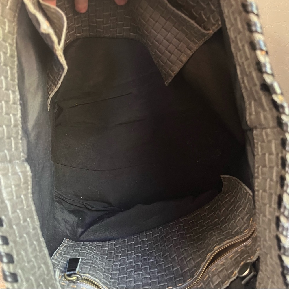 🖤🩶 Carla Mancini Large Leather Woven Tote Bag Purse Black Grey Whipstitch - Picture 9 of 15